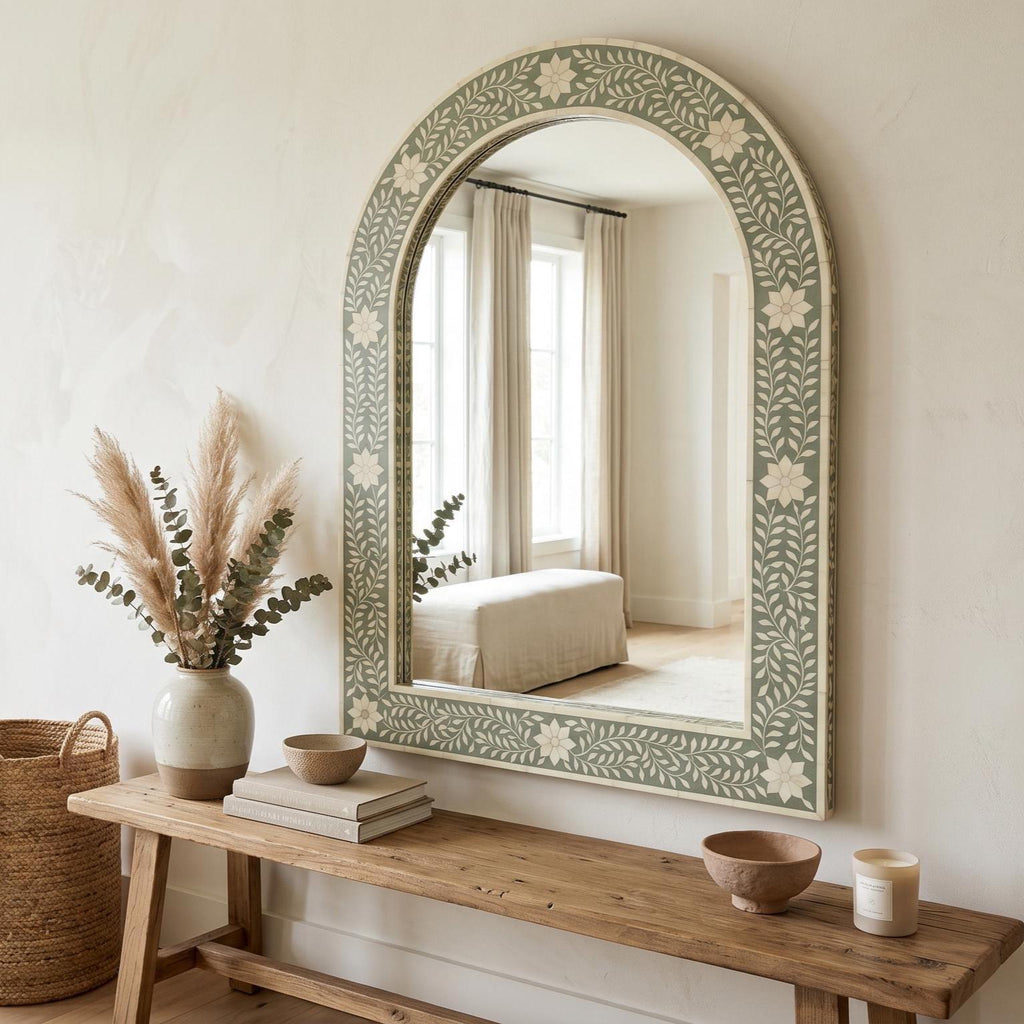 Floral Bone Inlay Arch Mirror Sage Green Wall Vanity Decor