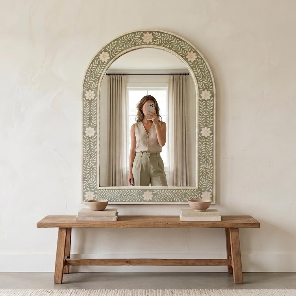 Floral Bone Inlay Arch Mirror Sage Green Wall Vanity Decor