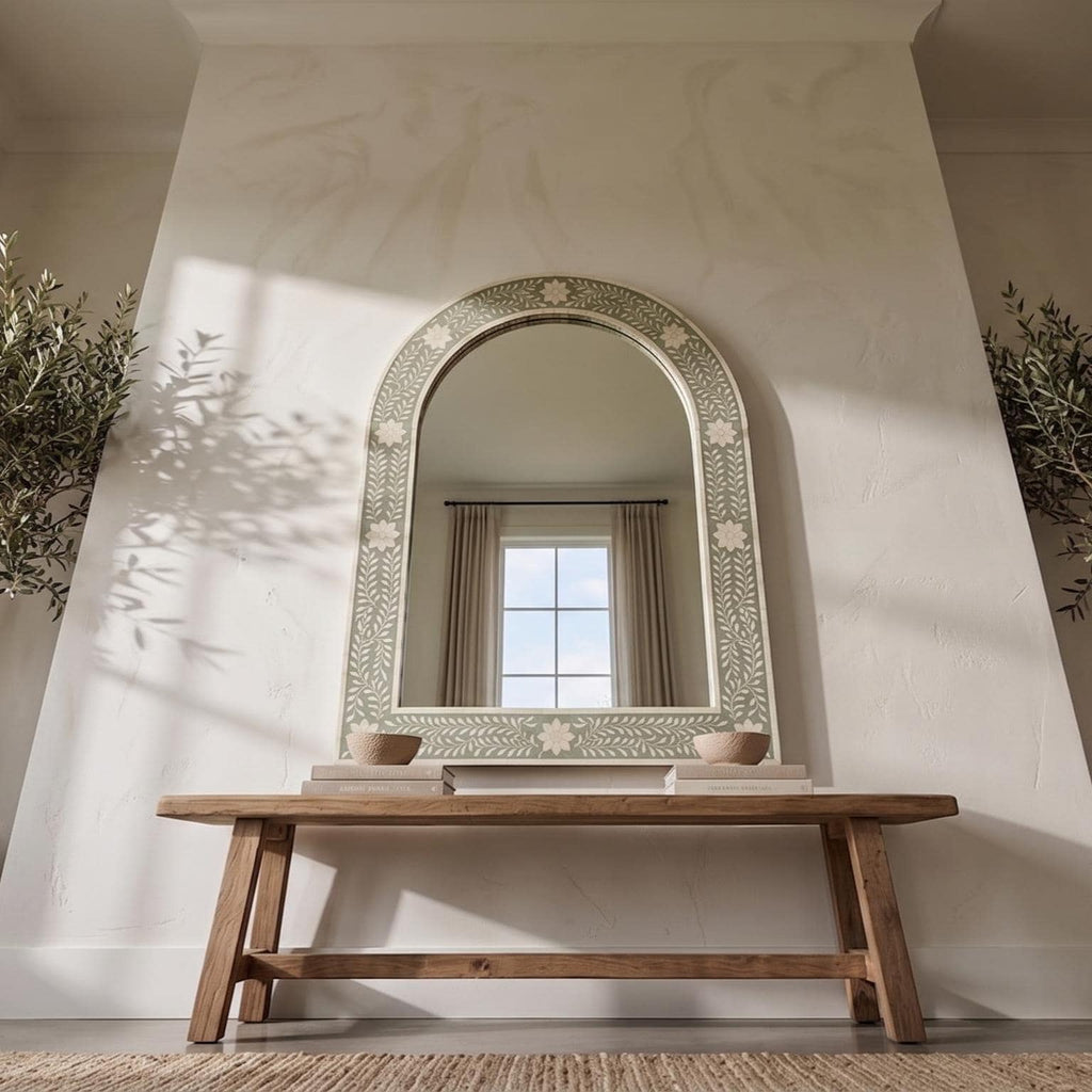 Floral Bone Inlay Arch Mirror Sage Green Wall Vanity Decor