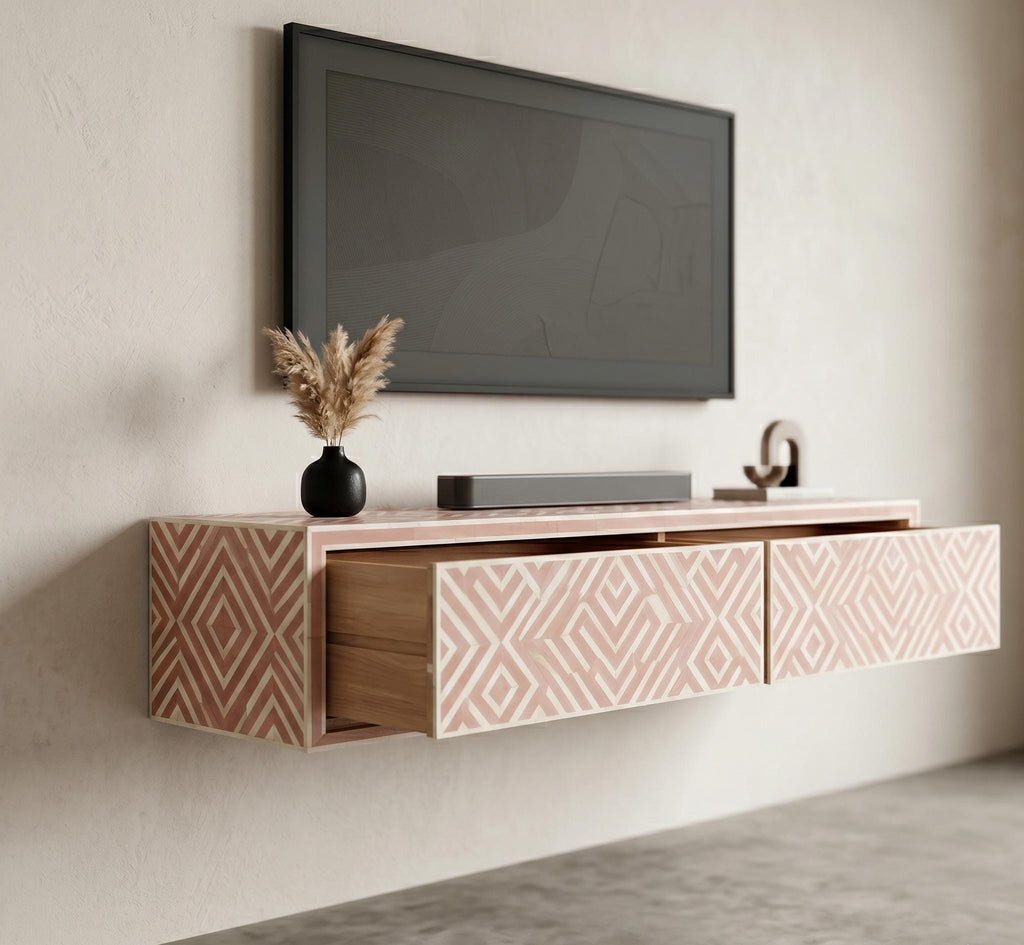 Blush Pink Floating TV Console Abstract Bone Inlay Wall Mounted Cabinet handmade