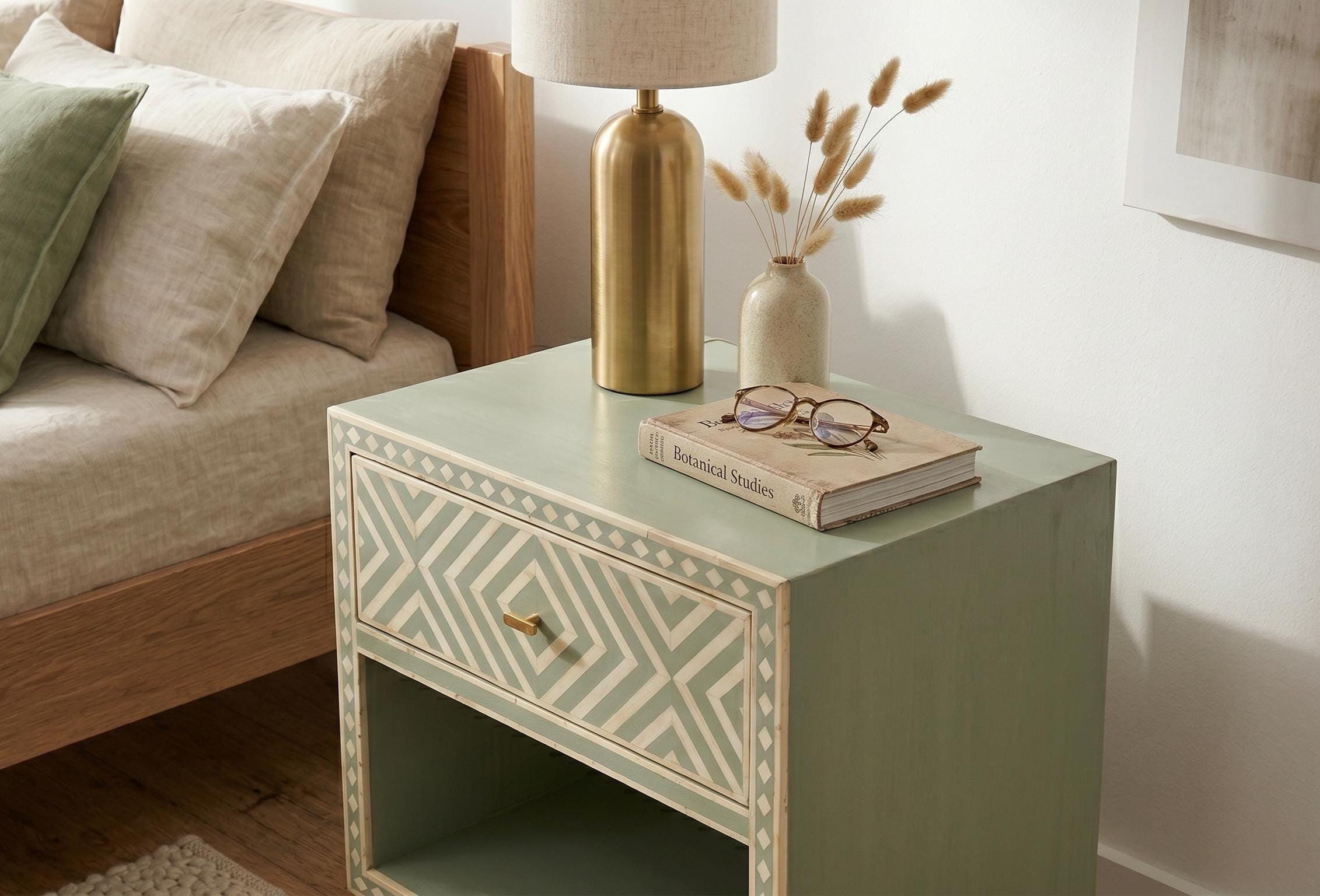 Sage Green Bedside Table Bone Inlay Nightstand Storage Cabinet endtable