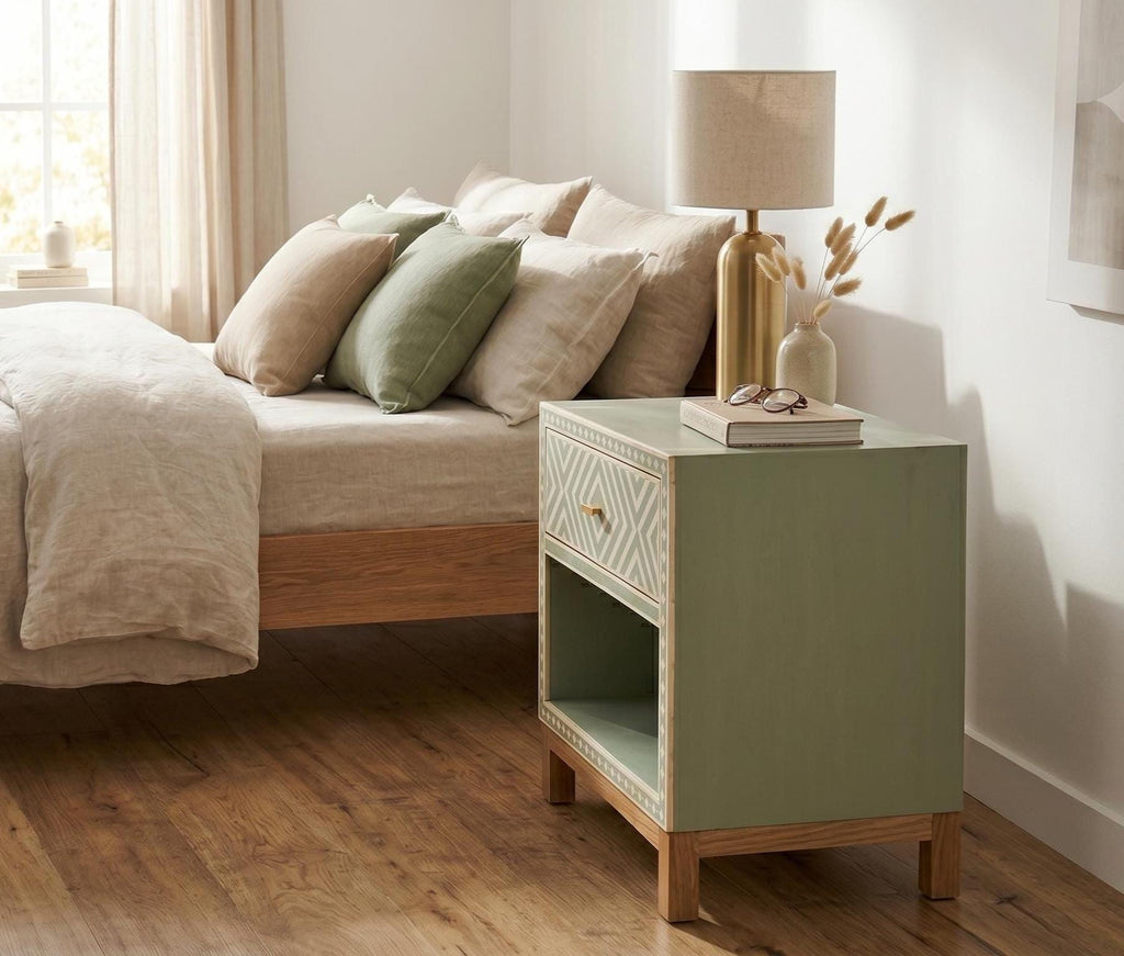 Sage Green Bedside Table Bone Inlay Nightstand Storage Cabinet endtable