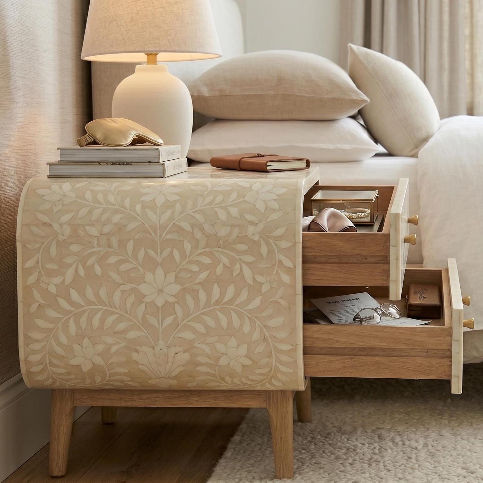 Bone Inlay floral Curved Bedside Table Floral Handmade Nightstand