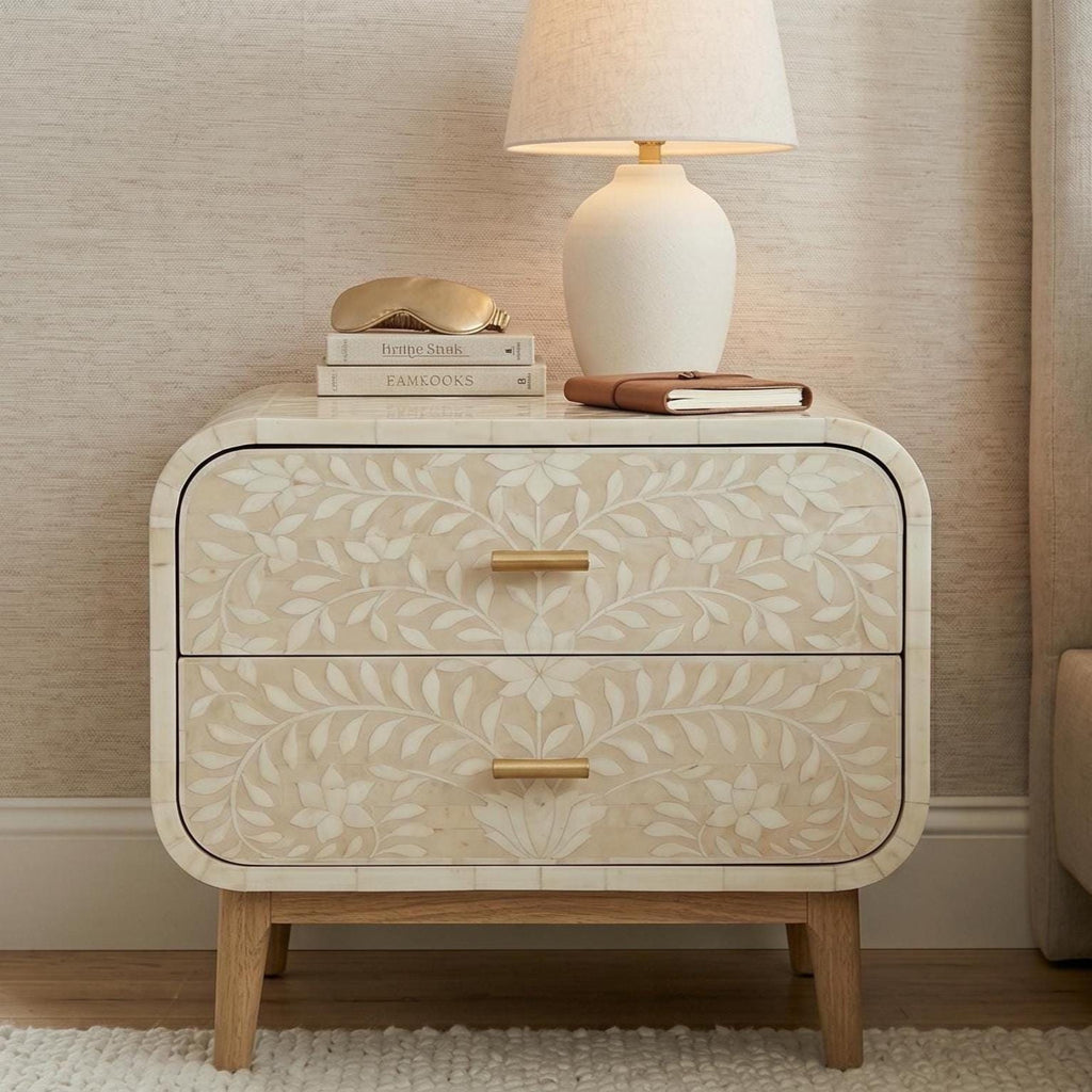 Bone Inlay floral Curved Bedside Table Floral Handmade Nightstand