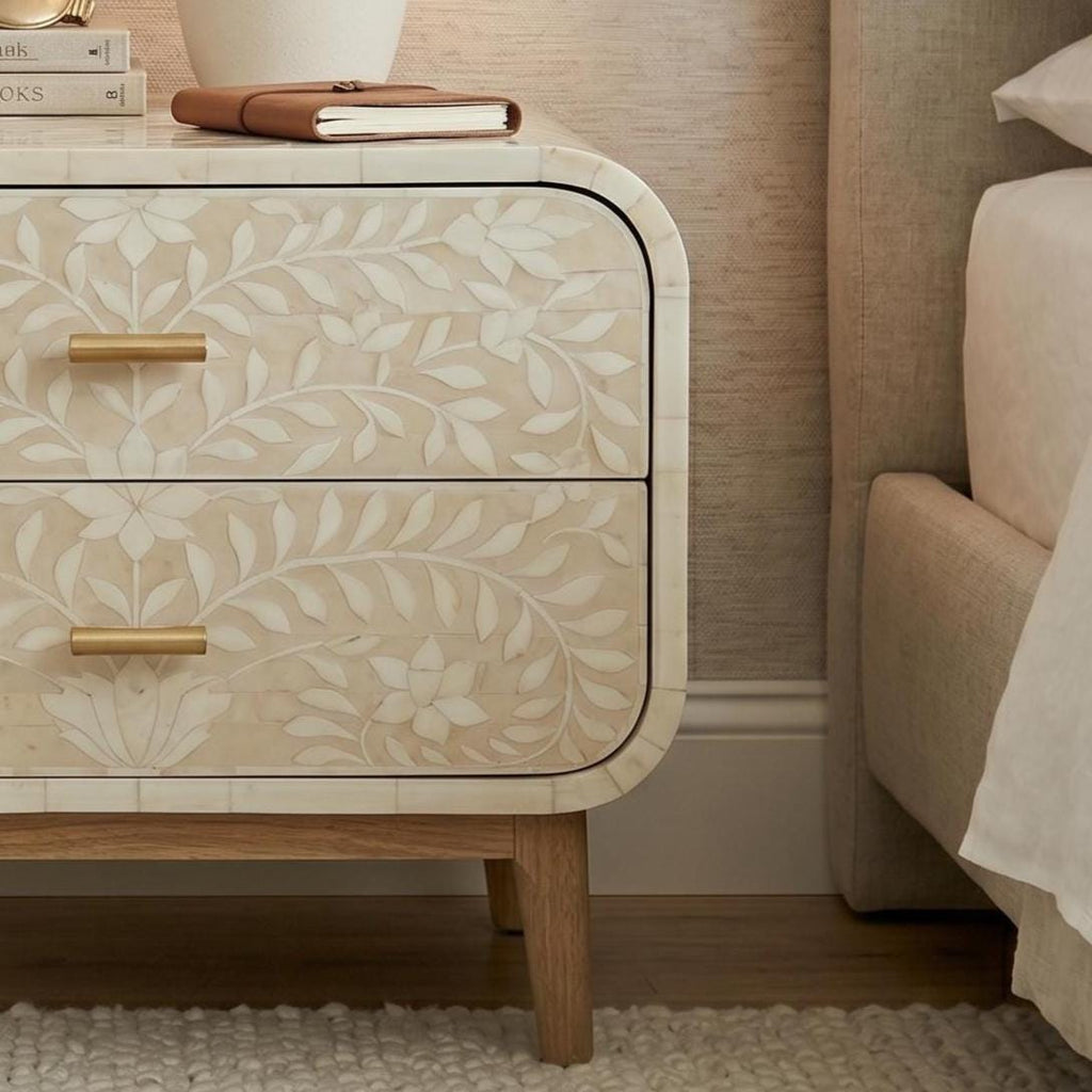 Bone Inlay floral Curved Bedside Table Floral Handmade Nightstand