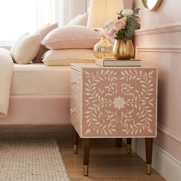 Blush Pink Floral Bedside Table 2 Drawer Bone Inlay Nightstand Storage