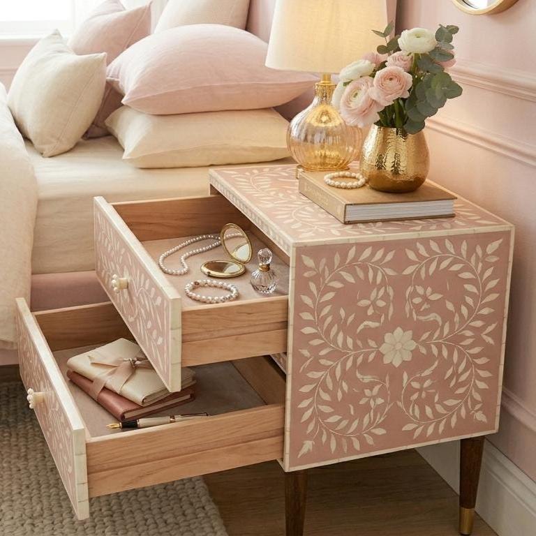 Blush Pink Floral Bedside Table 2 Drawer Bone Inlay Nightstand Storage