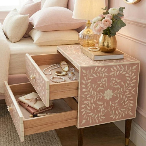 Blush Pink Floral Bedside Table 2 Drawer Bone Inlay Nightstand Storage