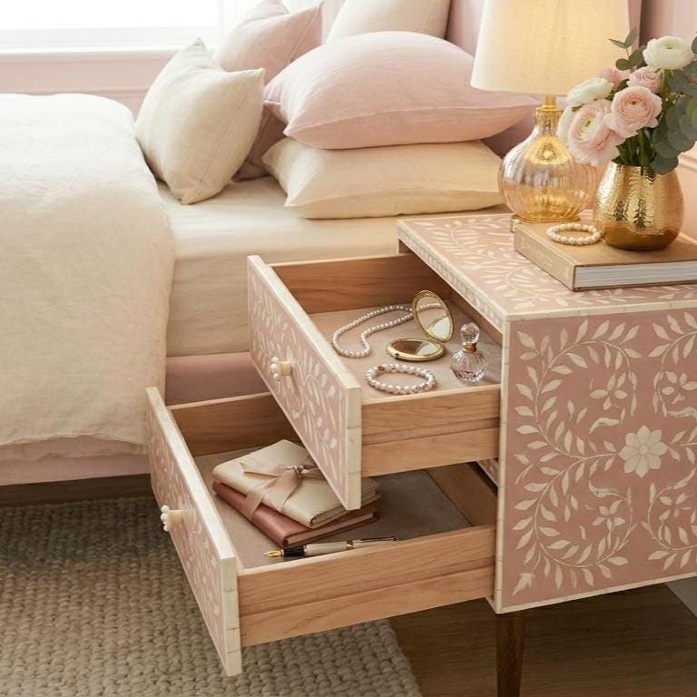 Blush Pink Floral Bedside Table 2 Drawer Bone Inlay Nightstand Storage