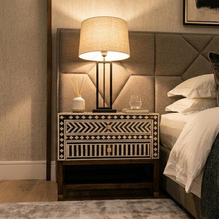 Geometric Bone Inlay Nightstand Storage , end table unique bedside