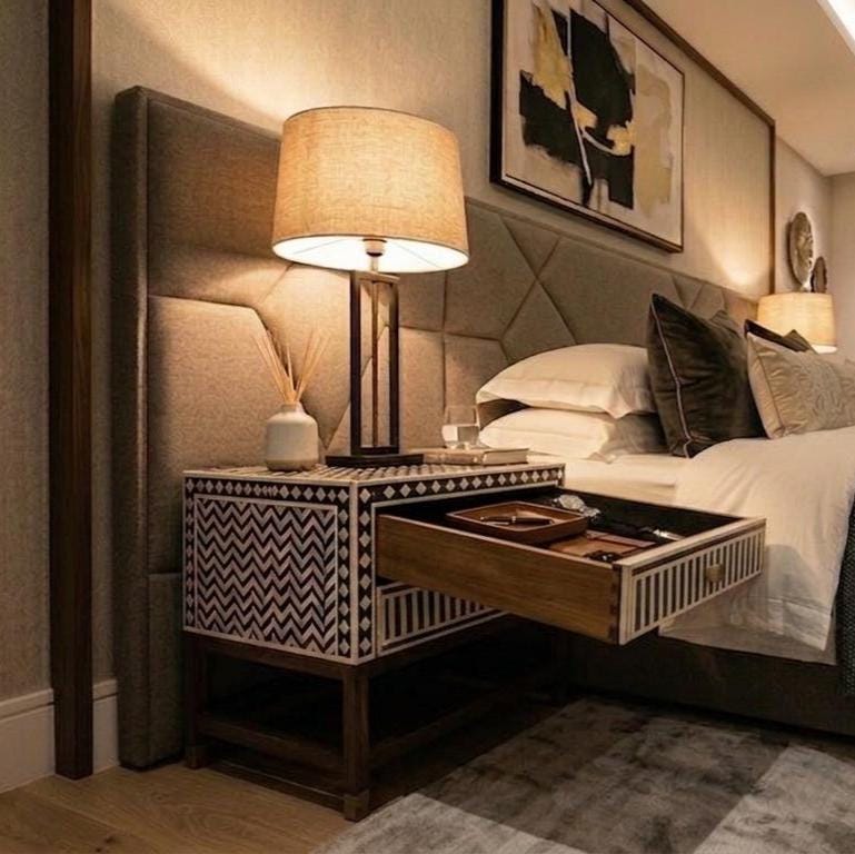 Geometric Bone Inlay Nightstand Storage , end table unique bedside