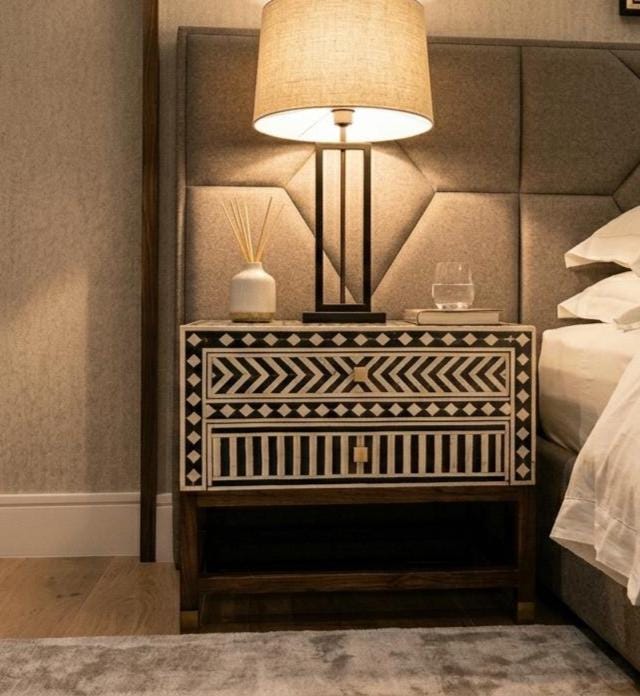Geometric Bone Inlay Nightstand Storage , end table unique bedside