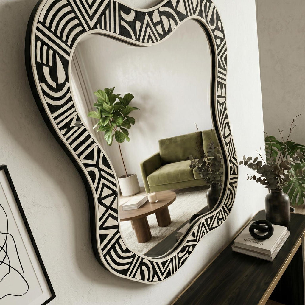 handmade Wall Mirror Organic Shape Bone Inlay Asymmetrical Vanity Decor | antique mirror