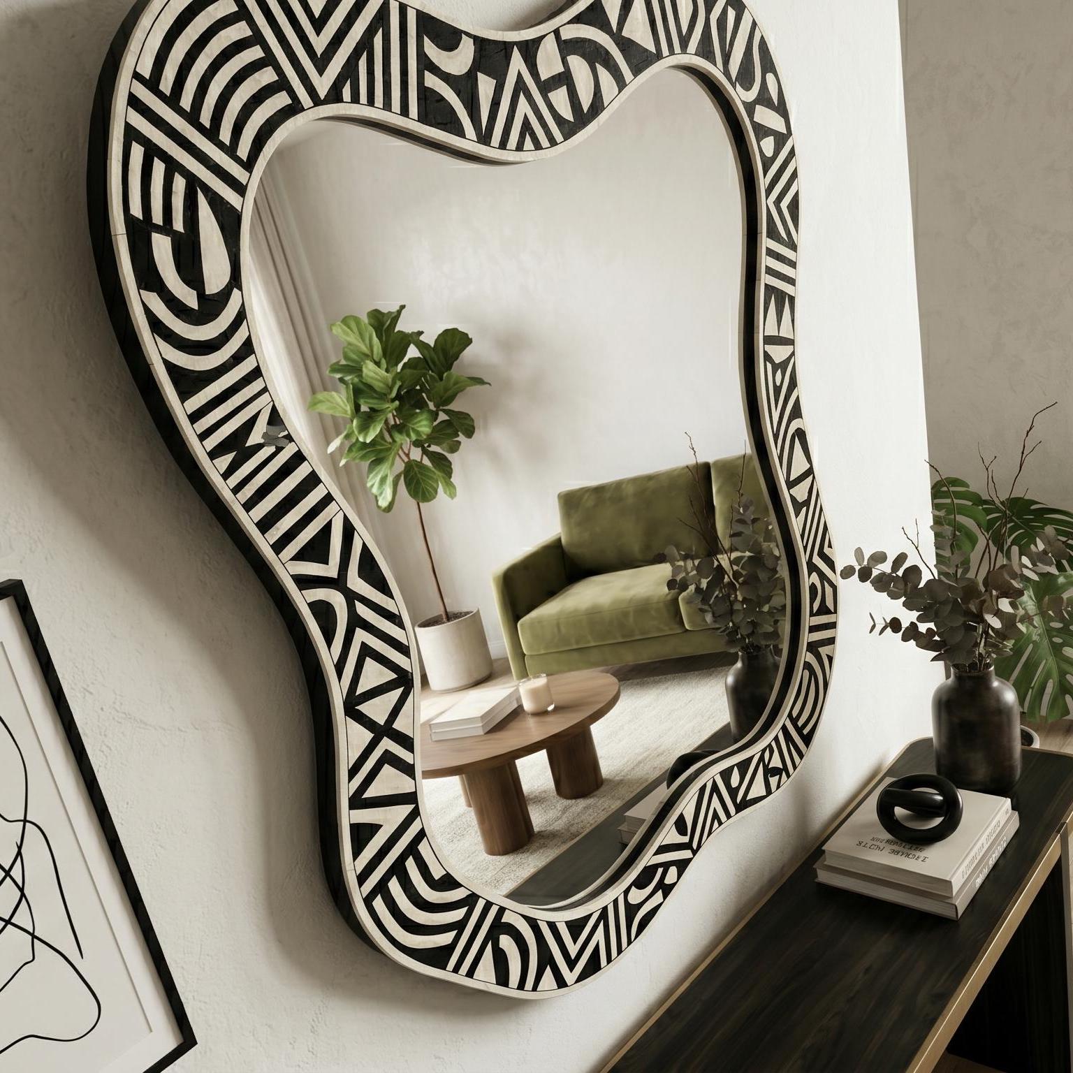 handmade Wall Mirror Organic Shape Bone Inlay Asymmetrical Vanity Decor | antique mirror