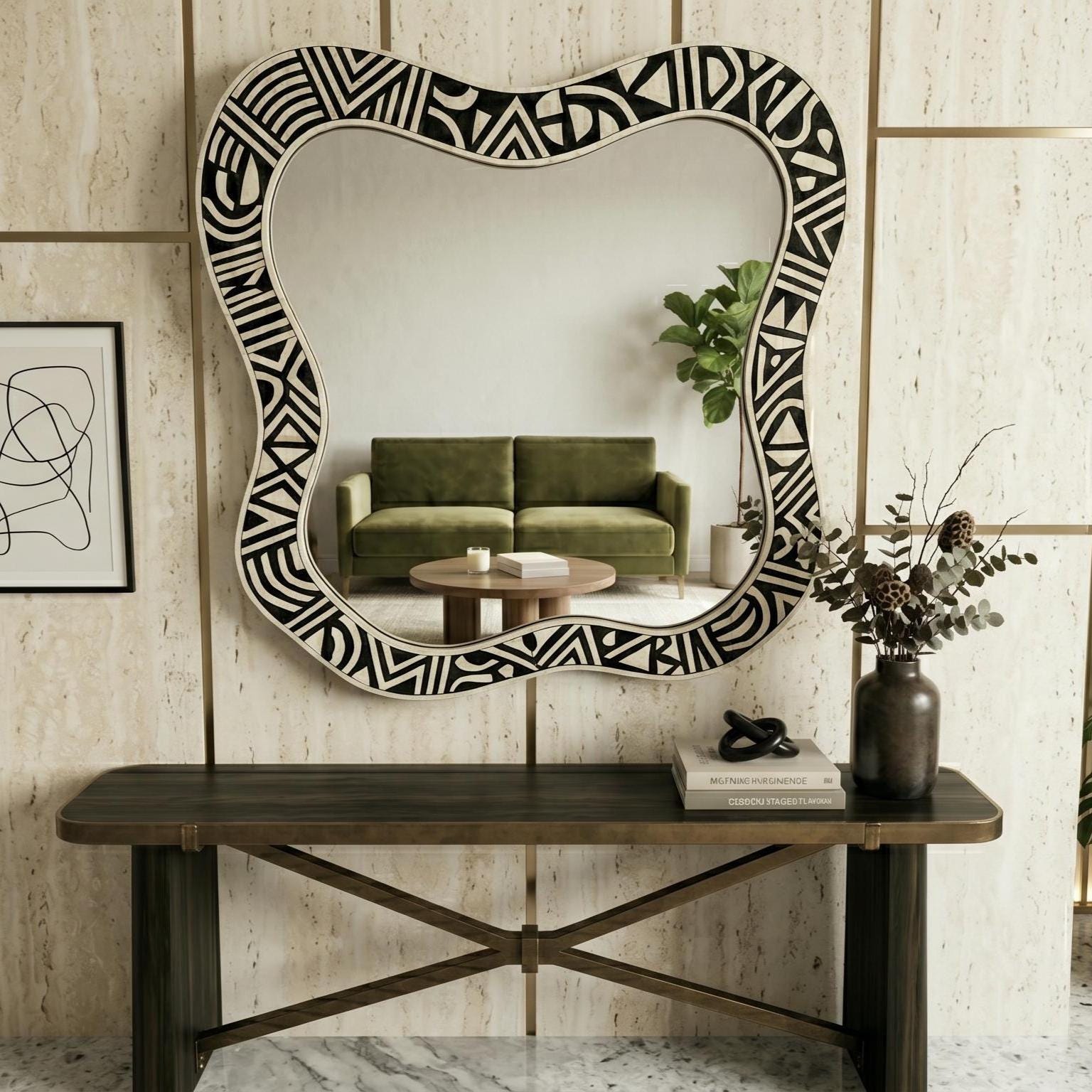 handmade Wall Mirror Organic Shape Bone Inlay Asymmetrical Vanity Decor | antique mirror