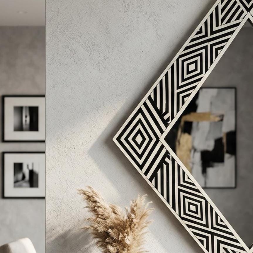 Diamond Bone Inlay Mirror, Black White Geometric Wall Decor, Handmade Vanity Piece | unique mirror