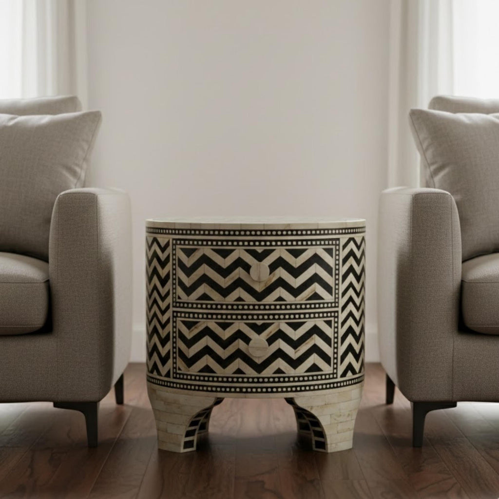 Zigzag Bone Inlay Round 2-Drawer Nightstand - Handivive endtables