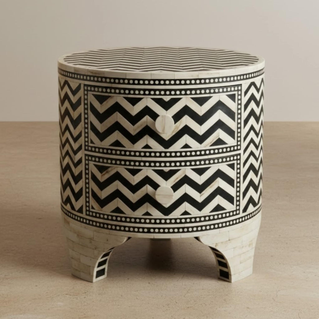 Zigzag Bone Inlay Round 2-Drawer Nightstand - Handivive endtables