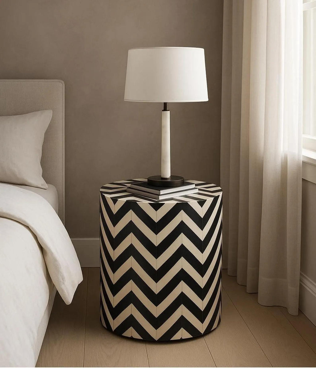 Zigzag Bone Inlay Round Bedside Table - Handivive handmade endtables