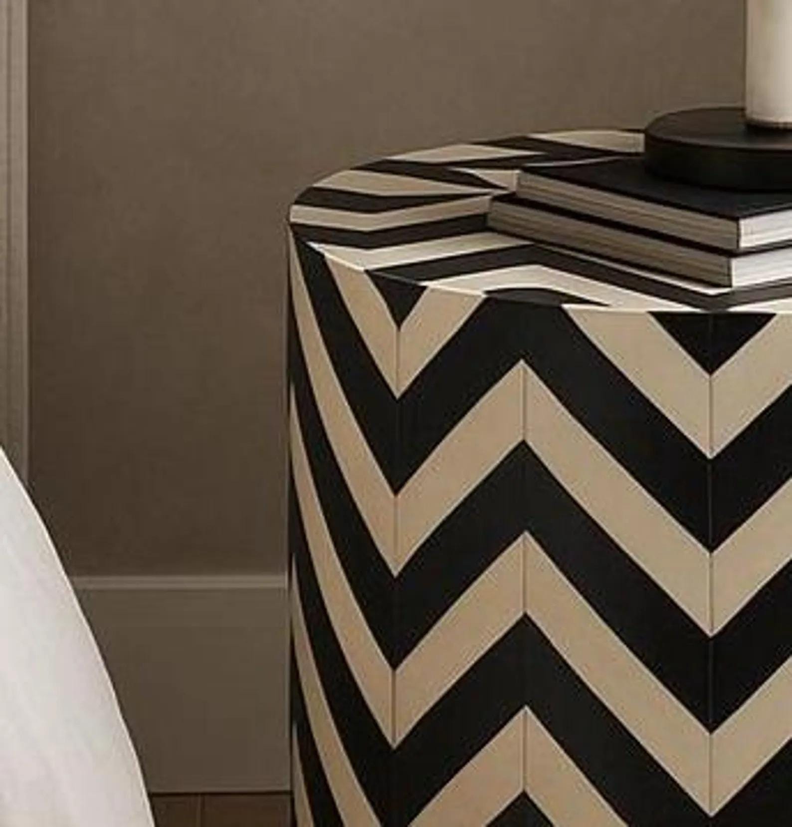 Zigzag Bone Inlay Round Bedside Table - Handivive handmade endtables