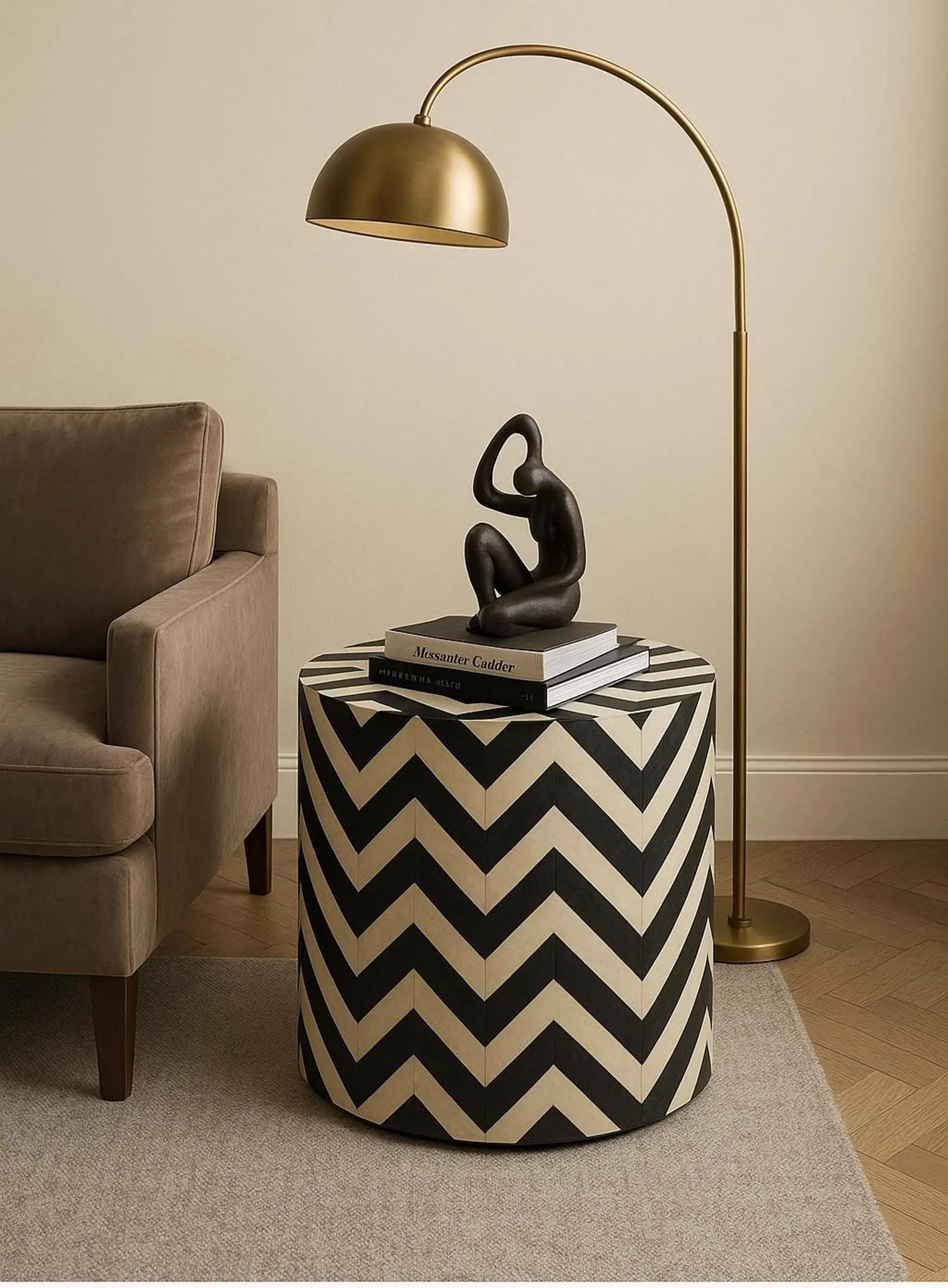 Zigzag Bone Inlay Round Bedside Table - Handivive handmade endtables