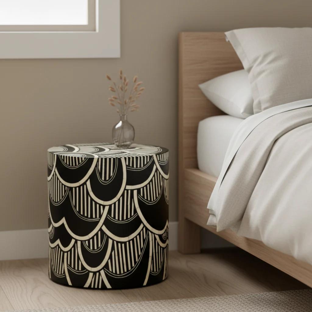 Scalloped Black Bone Inlay Round Side Table - Handivive handmade end tables