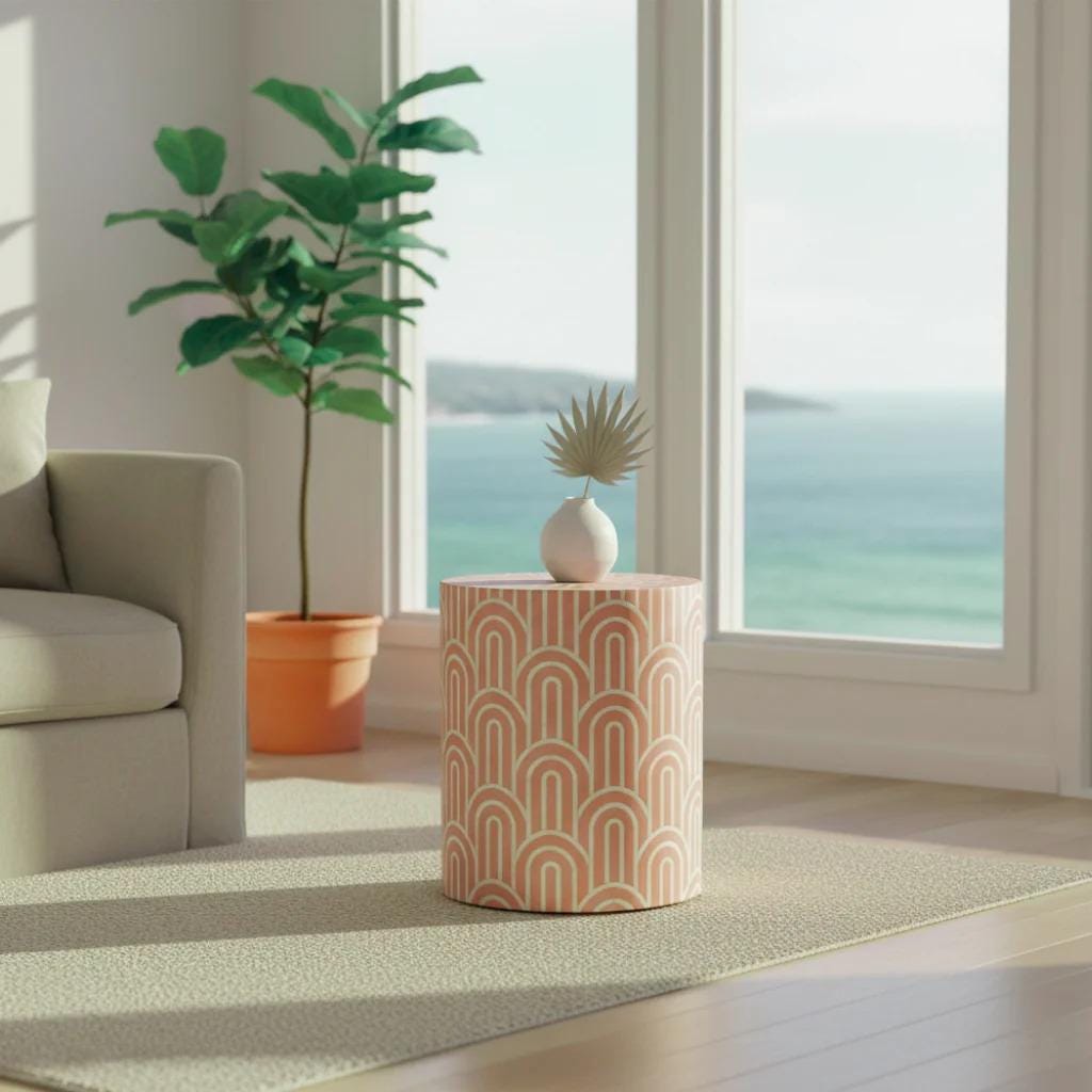 Dusty Pink Arches Bone Inlay Round Table - Handivive handmade end tables