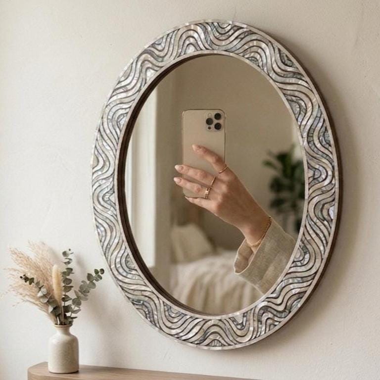 Oval Mother of Pearl Inlay Mirror, Handcrafted Floral Coastal Vanity Accent