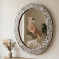 Oval Mother of Pearl Inlay Mirror, Handcrafted Floral Coastal Vanity Accent