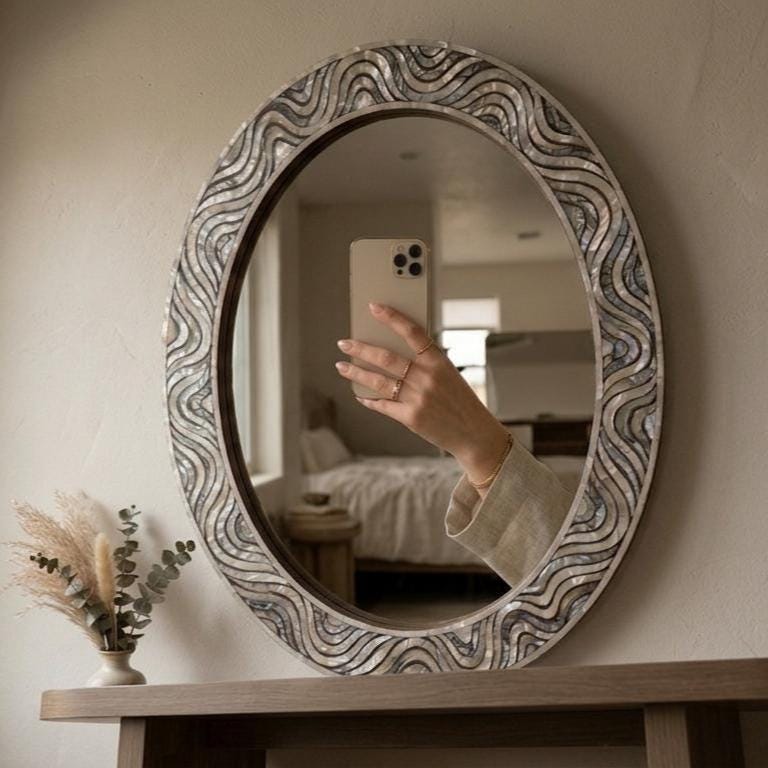 Oval Mother of Pearl Inlay Mirror, Handcrafted Floral Coastal Vanity Accent