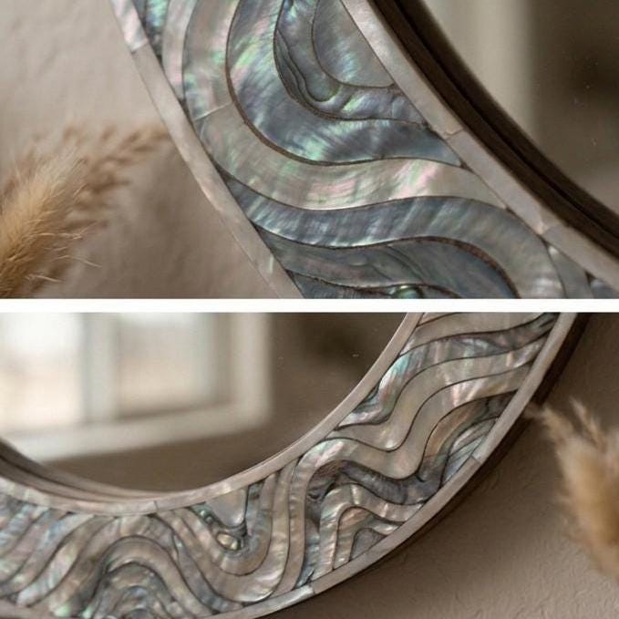 Oval Mother of Pearl Inlay Mirror, Handcrafted Floral Coastal Vanity Accent
