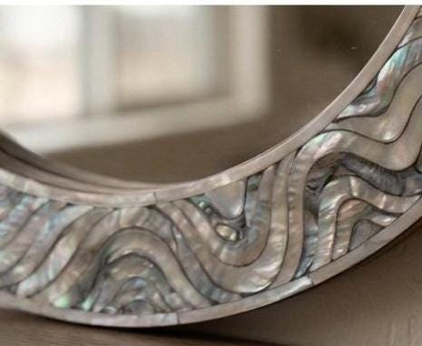 Oval Mother of Pearl Inlay Mirror, Handcrafted Floral Coastal Vanity Accent