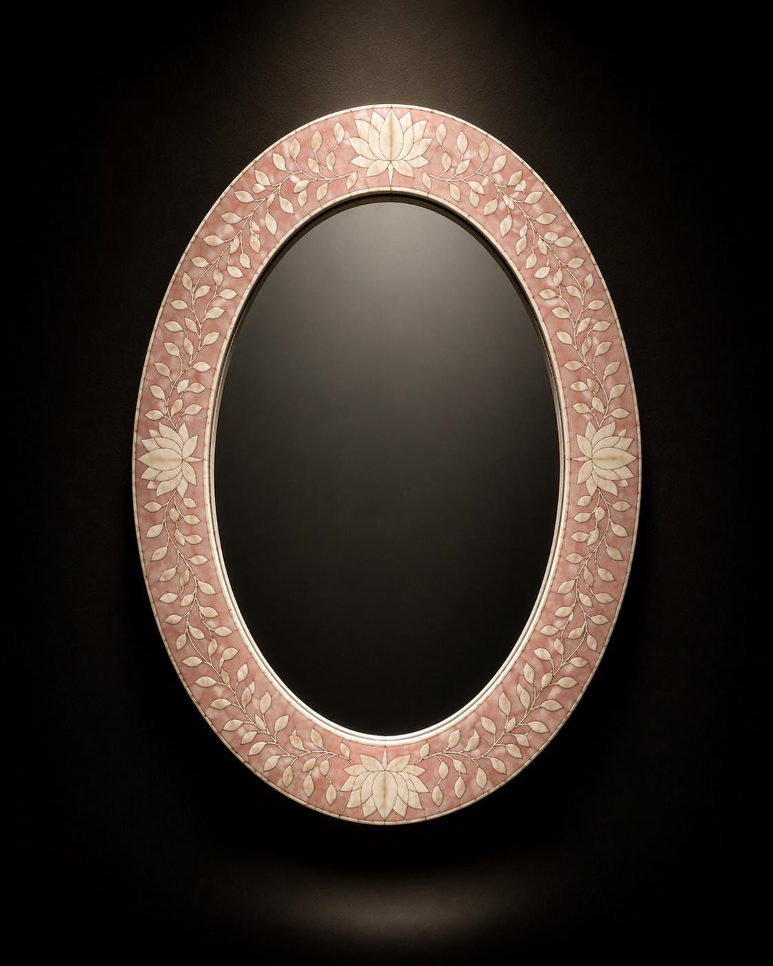 Blush Pink Oval Bone Inlay Mirror, Handmade Floral Vanity Decor | unique mirror