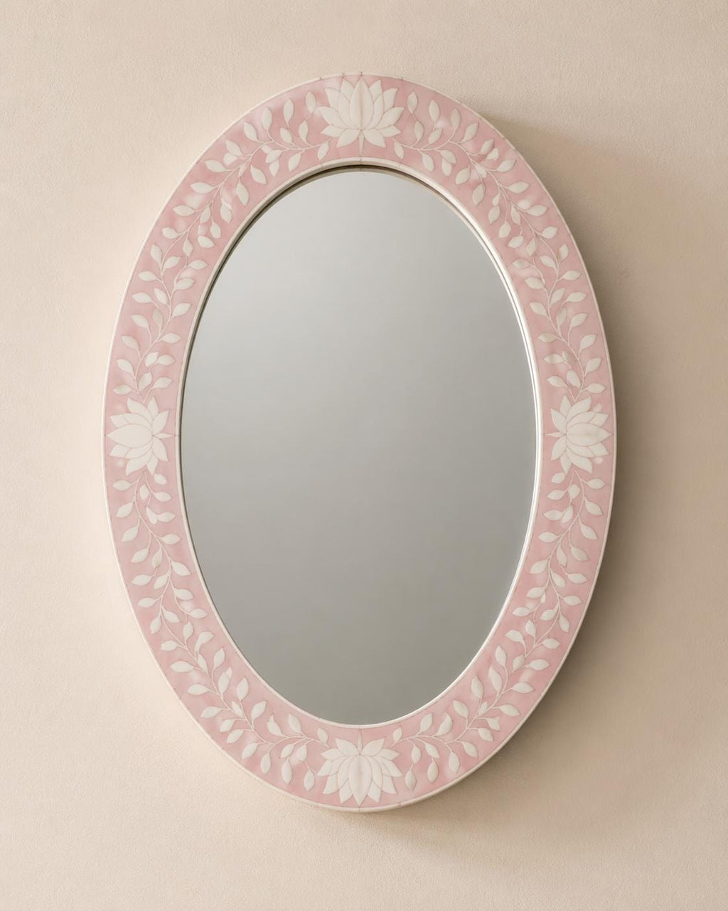 Blush Pink Oval Bone Inlay Mirror, Handmade Floral Vanity Decor | unique mirror