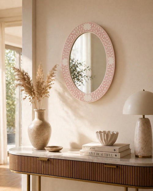 Blush Pink Oval Bone Inlay Mirror, Handmade Floral Vanity Decor | unique mirror