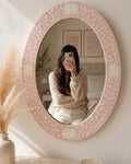 Blush Pink Oval Bone Inlay Mirror, Handmade Floral Vanity Decor | unique mirror