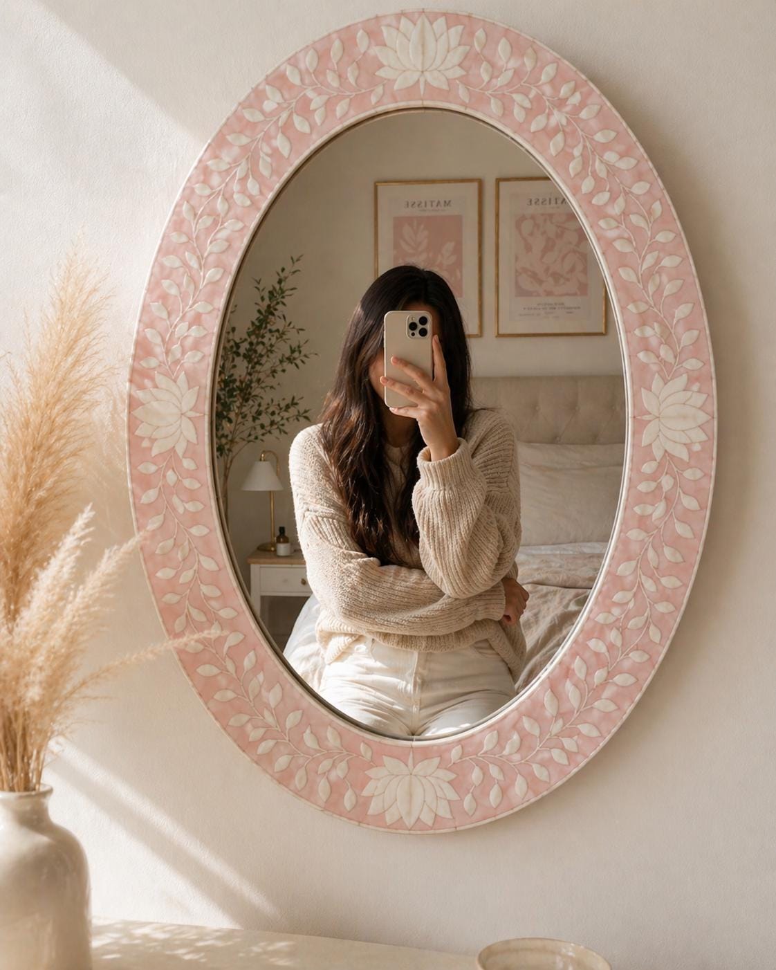 Blush Pink Oval Bone Inlay Mirror, Handmade Floral Vanity Decor | unique mirror