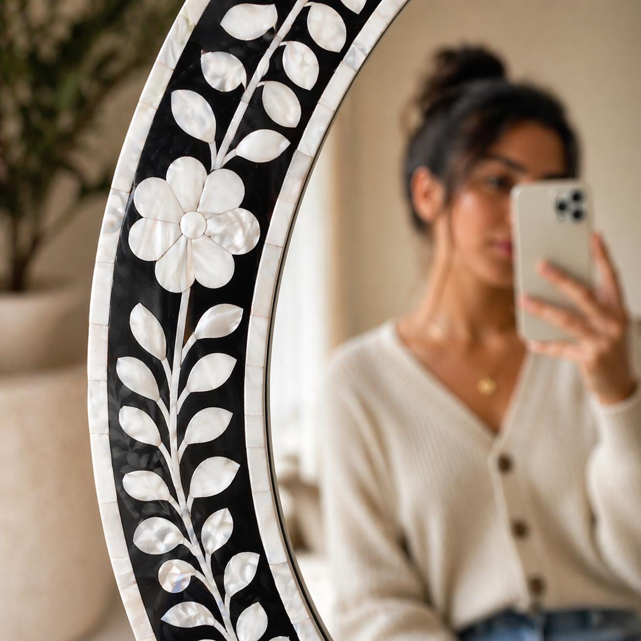 Black White Floral Oval Mirror Bone Inlay Handmade Wall Vanity Decor