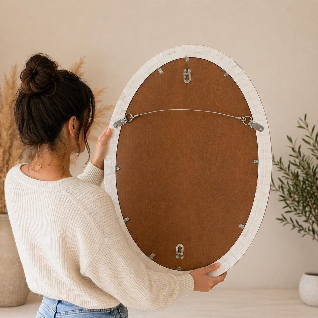 Black White Floral Oval Mirror Bone Inlay Handmade Wall Vanity Decor