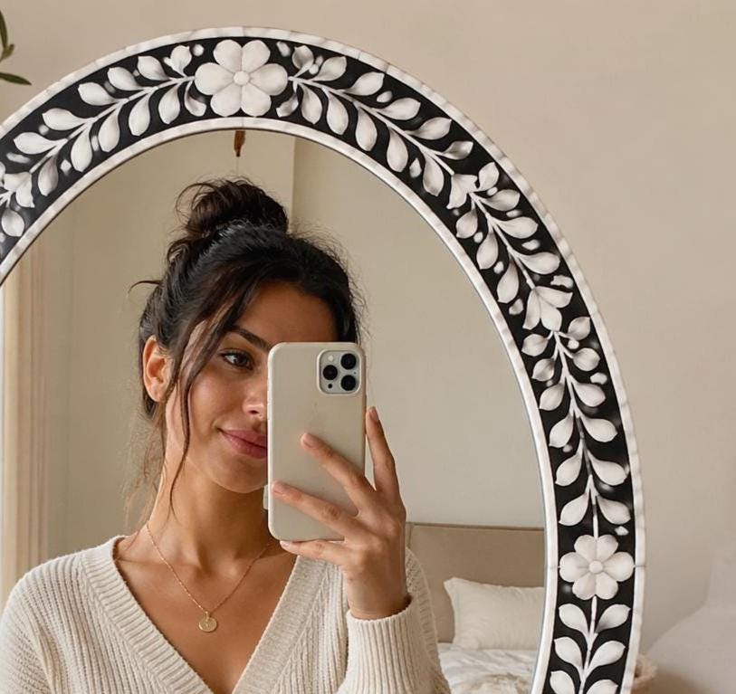 Black White Floral Oval Mirror Bone Inlay Handmade Wall Vanity Decor