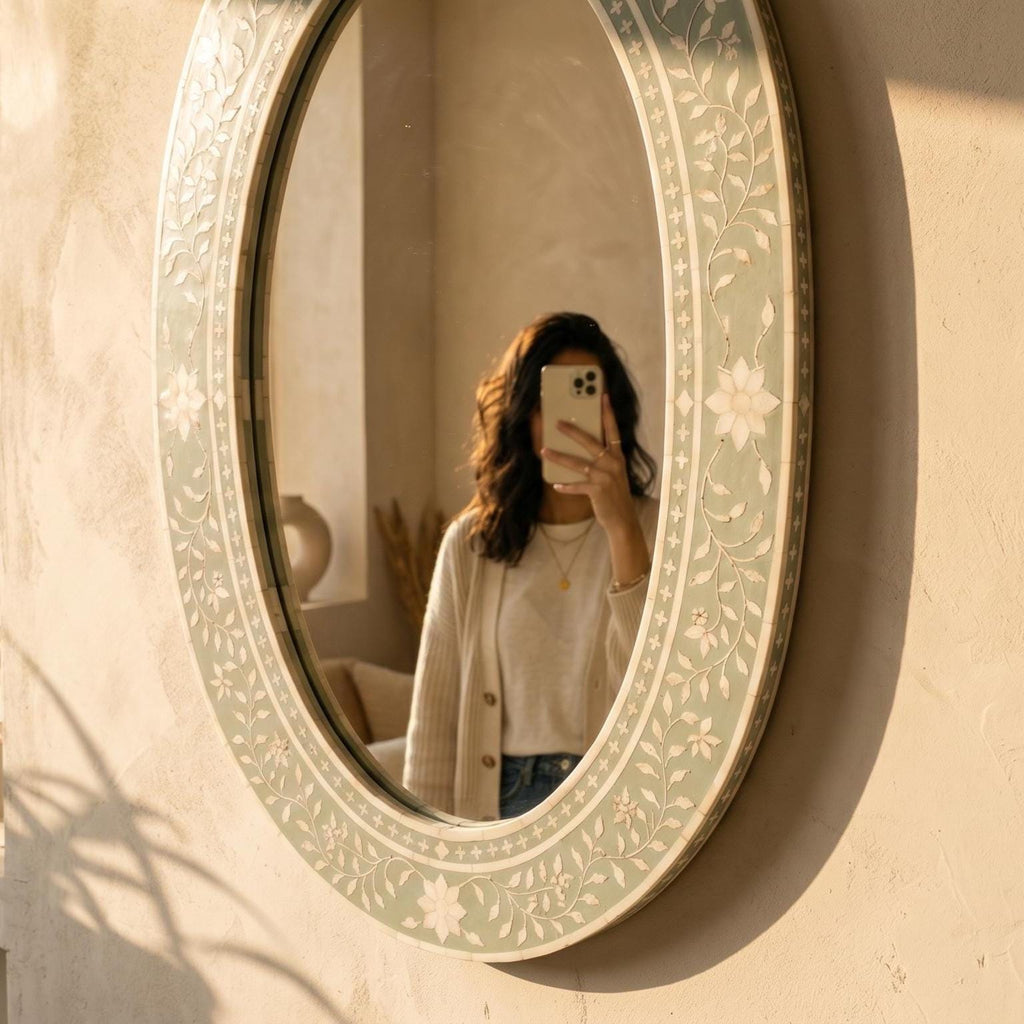 Sage Green Floral Oval Mirror Bone Inlay Handmade Wall Vanity Decor