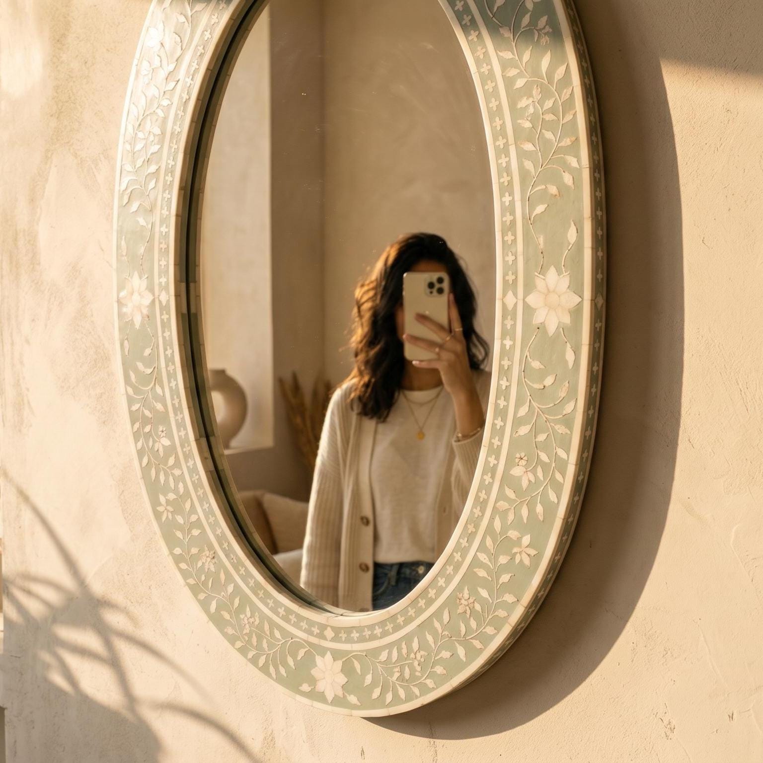 Sage Green Floral Oval Mirror Bone Inlay Handmade Wall Vanity Decor