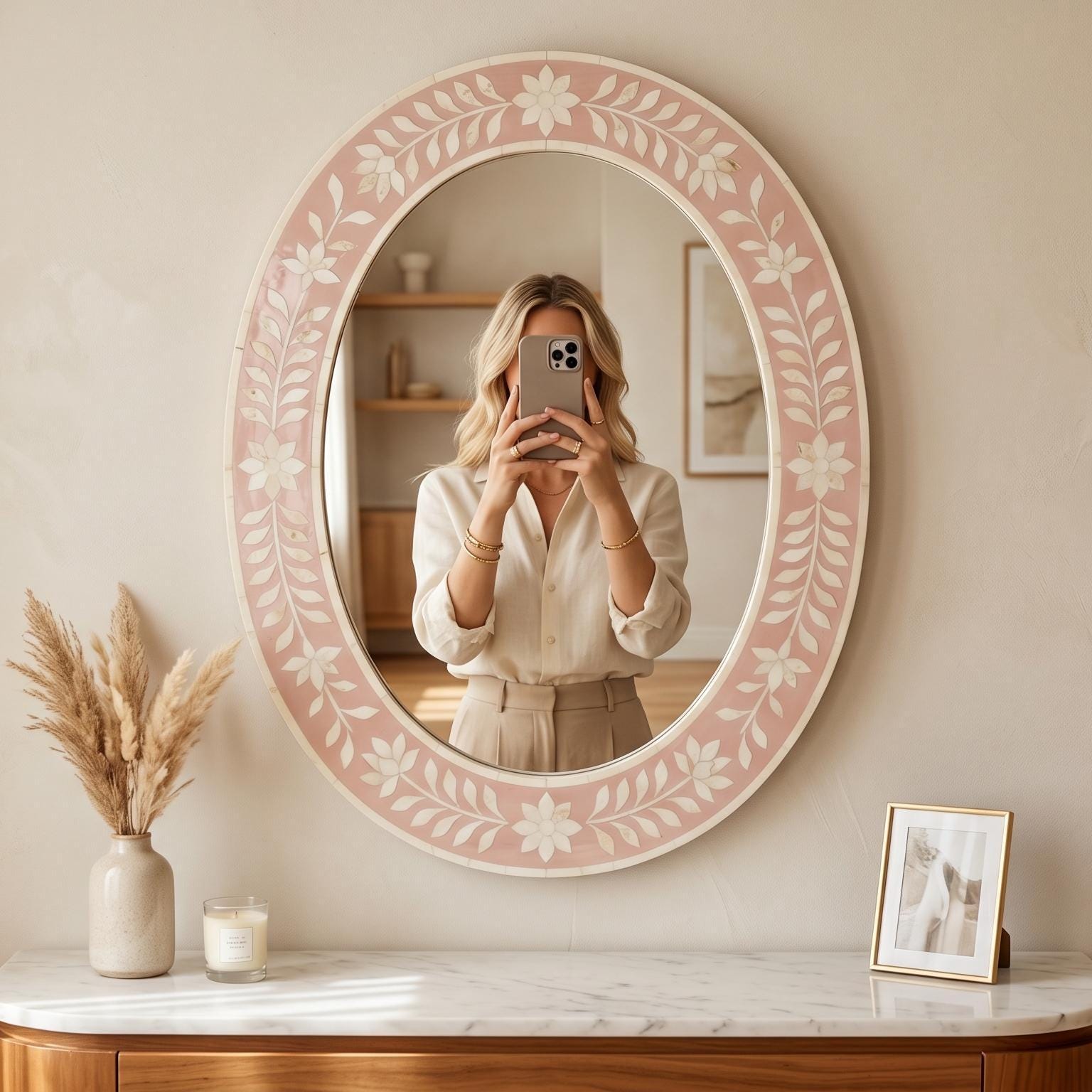 Blush Pink Floral Bone Inlay Oval Mirror, Handmade Vanity Decor Piece