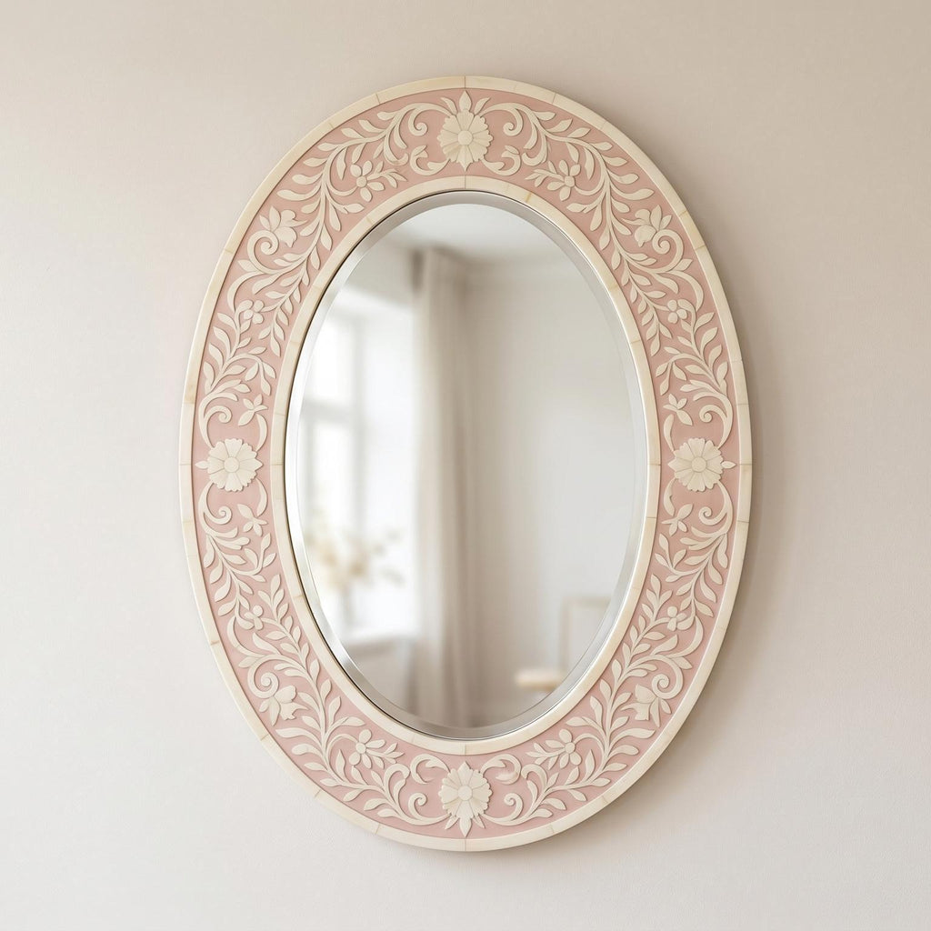 Floral Oval Mirror Blush Pink Bone Inlay Handmade Wall Decor