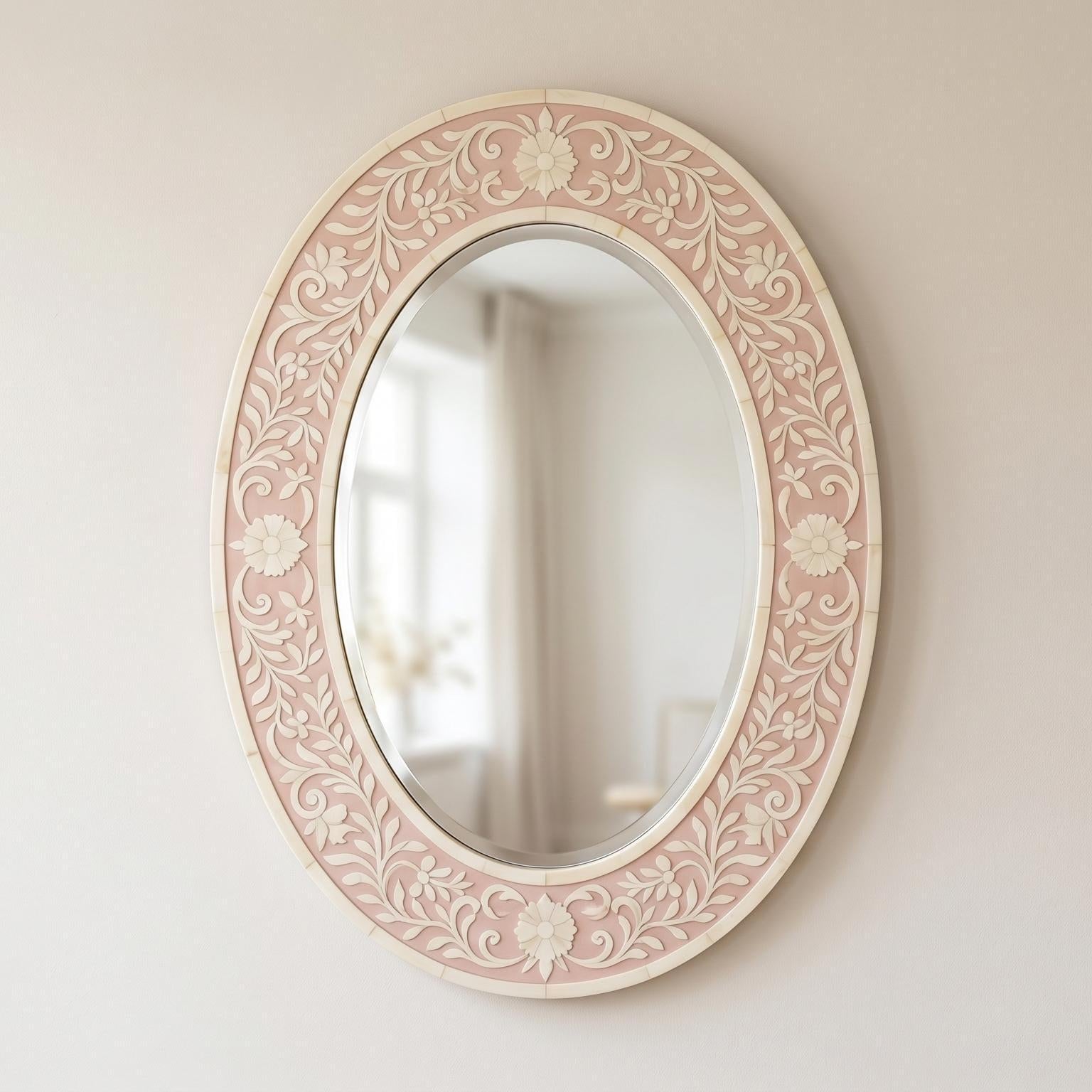 Floral Oval Mirror Blush Pink Bone Inlay Handmade Wall Decor