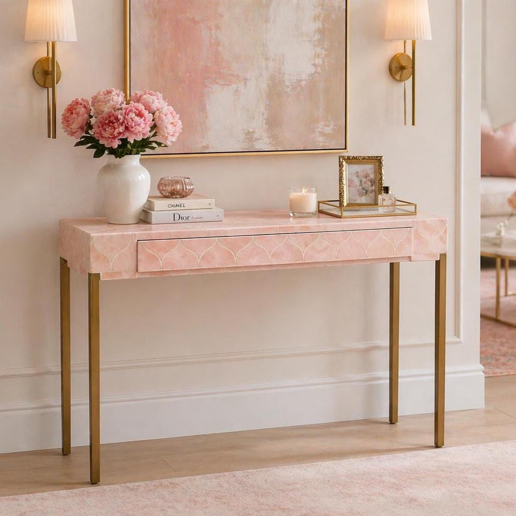 Blush Pink Console Table Bone Inlay One Drawer Modern Entryway Table