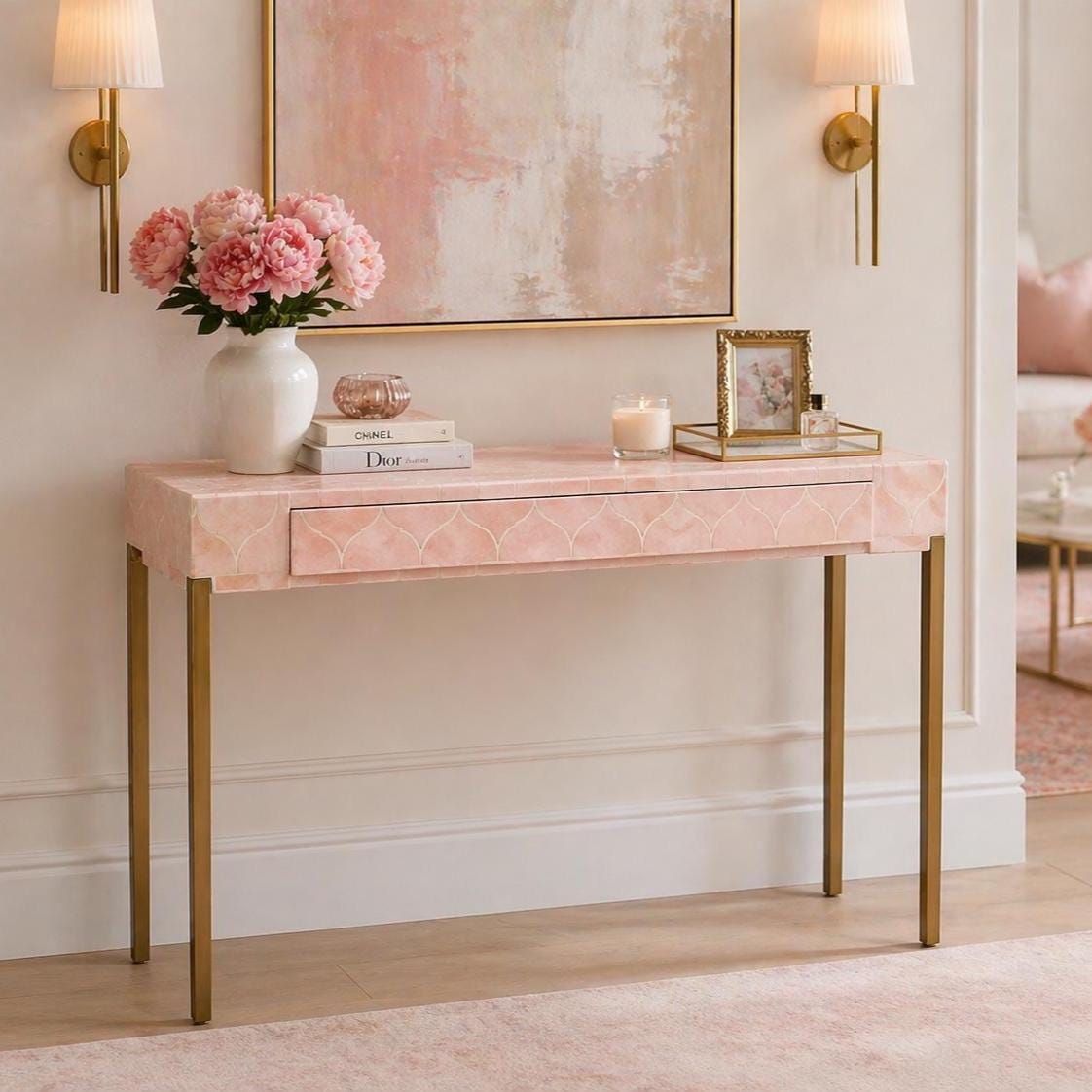 Blush Pink Console Table Bone Inlay One Drawer Modern Entryway Table