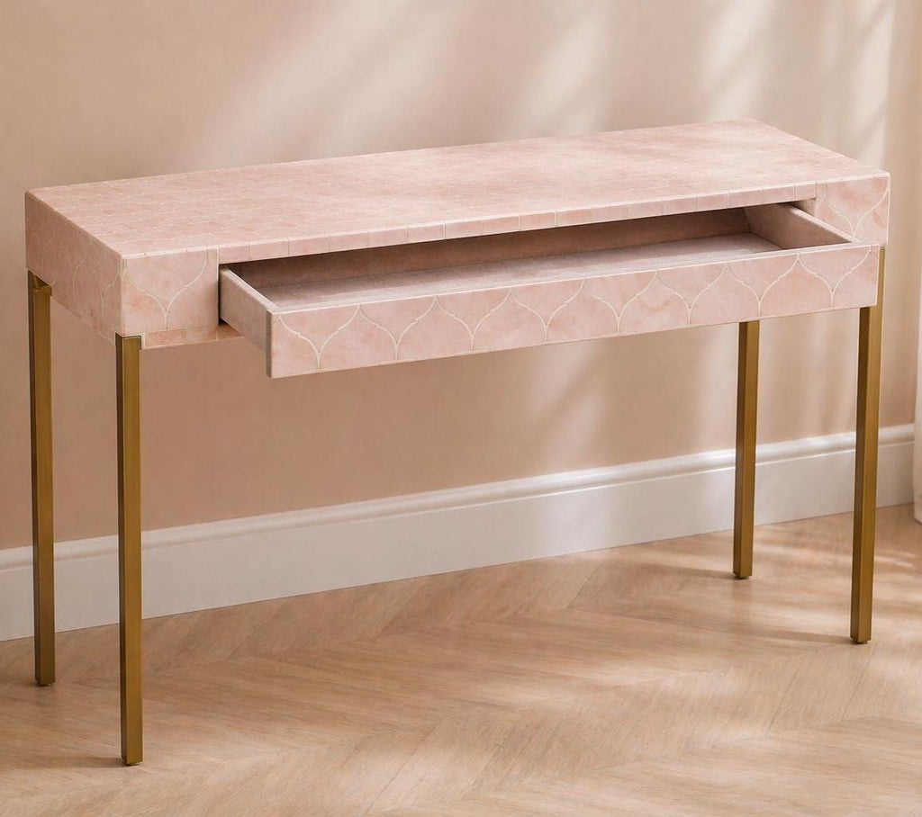 Blush Pink Console Table Bone Inlay One Drawer Modern Entryway Table