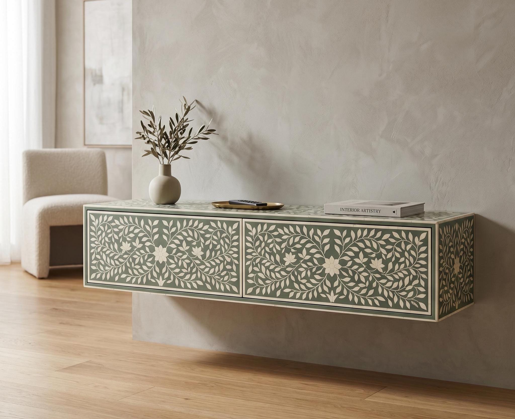 Bone inlay Sage Green Floating Console Table Floral Wall Mounted Cabinet