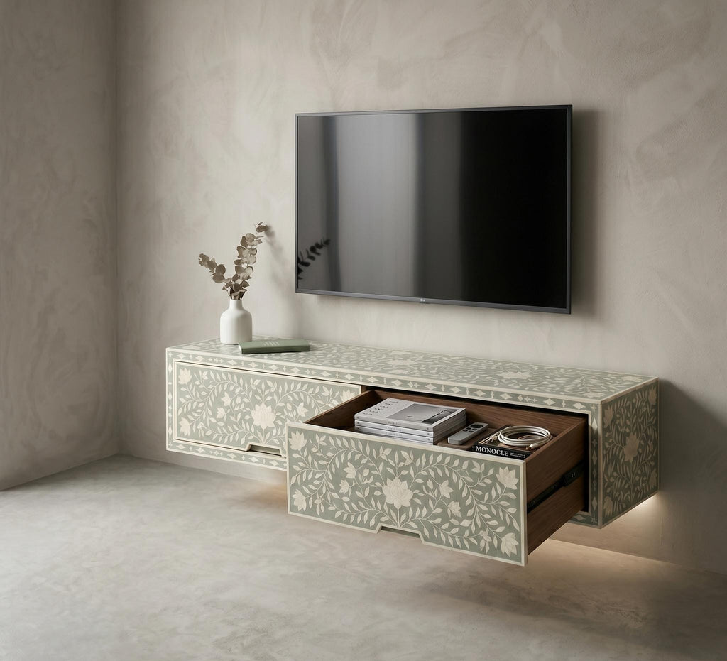 Bone inlay Sage Green Floating Console Table Floral Wall Mounted Cabinet